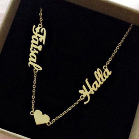 .925 Sterling Silver 2 Names Necklace with a heart in the middle and a choice of 14K plating