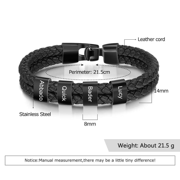 Personalized Stainless Steal Leather Bracelet with Laser Engraved Names