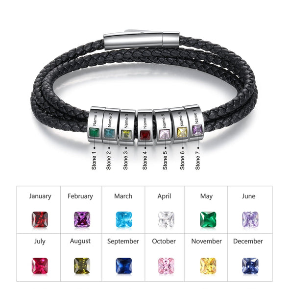 Personalized Stainless Steel Black Leather Bracelet with a 1-8 Names and Birthstones