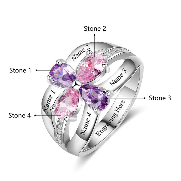 .925 Sterling Silver Flower Birthstone Family Ring with Laser Engraved Names Plus Message Inside the Ring