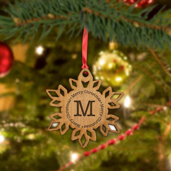 Custom Christmas Initial Wood Snowflake Ornament.