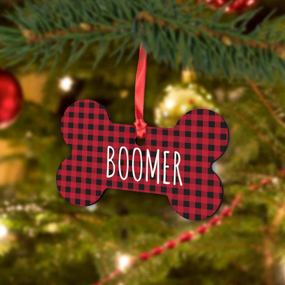 Custom Red Plaid Christmas Dog Bone HardBoard Ornament.