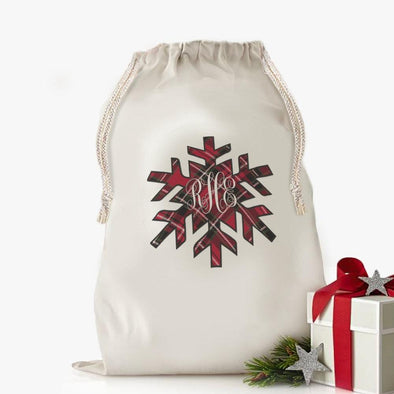 Custom Snowflake Plaid Christmas Drawstring Sack for Kids | Personalized Santa Bag.