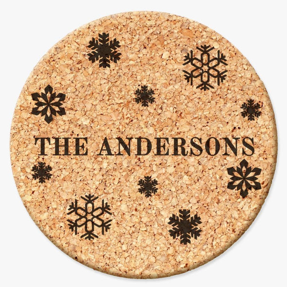 Personalized Family Cork Coasters with Snowflakes design - Set of 2 or 4 coaster.