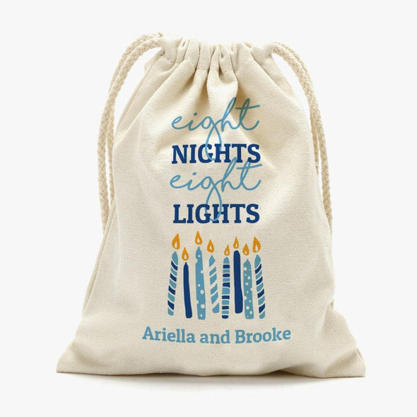Eight Night Eight Lights Custom Drawstring Sack | Personalized Hanukkah Gifts Bag.