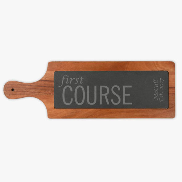 First Course Custom Cheese Slate and Acacia Wood Paddle Board.