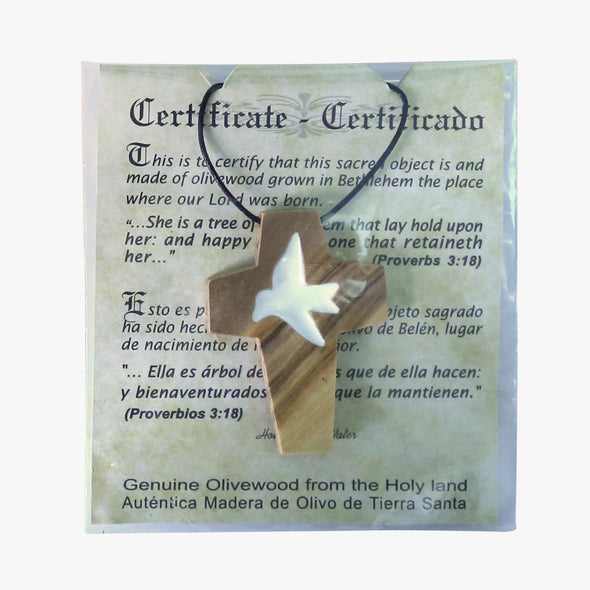 Corded Olive Wood Cross Necklace w/ White Diving Dove