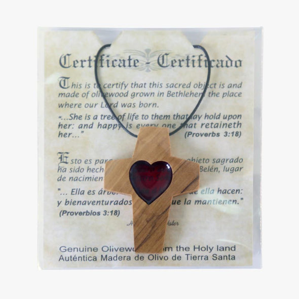 Corded Olive Wood Cross w/ Red Heart