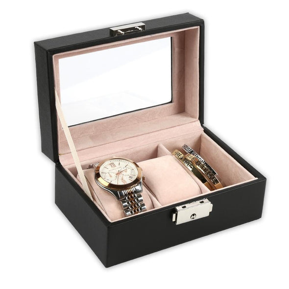 Non-Personalized 3-Slot Small Black Leather Watch Case | Watch Jewelry Box Organizer.