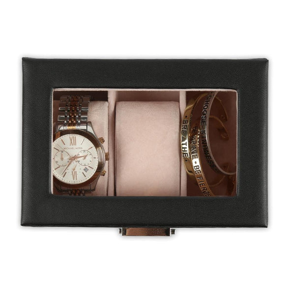 Non-Personalized 3-Slot Small Black Leather Watch Case | Watch Jewelry Box Organizer.