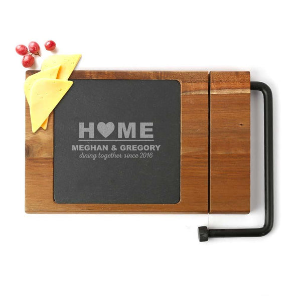 Home Love Personalized Slate Acacia Wood Cheese Board w/ Slicer | Custom Cheese Board.