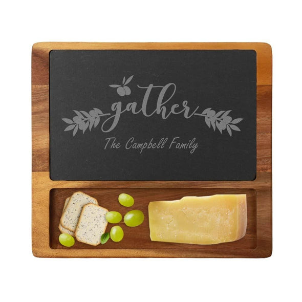 Personalized Family Gathering Cheese Slate Board w/ Acacia Wood Base | Custom Cheese Board.
