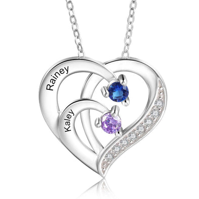 Personalized Heart .925 Sterling Silver Necklace with Names and Birthstones