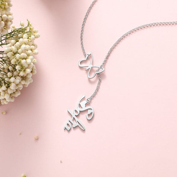 .925 Sterling Silver Vertical Name Necklace with Butterfly
