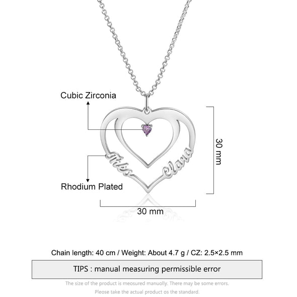 Personalized Double Heart with two Names Necklace with a birthstone - 14K White Gold Plated