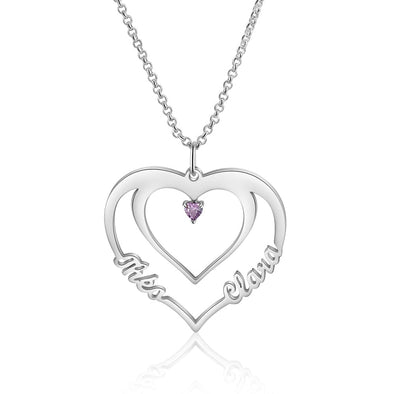 Personalized Double Heart with two Names Necklace with a birthstone - 14K White Gold Plated