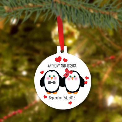 Penguin Couple Custom Christmas Ball Metal Ornament.
