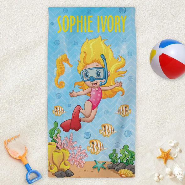 Snorkeling Personalized Beach Towel for Kids.