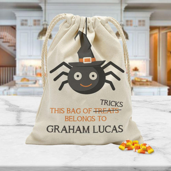Personalized Spider Halloween Drawstring Sack | Custom Trick or Treat Bag.