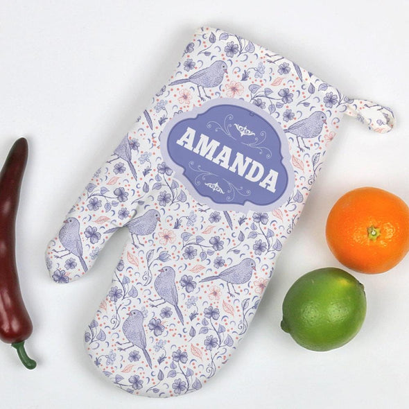 Personalized Spring Flowers and Birds Oven Mitt.
