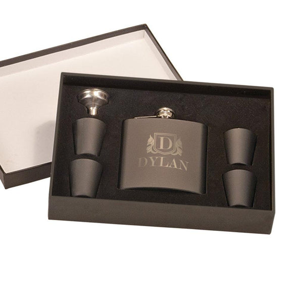 Personalized Matte Black Flask Set in Gift Box.