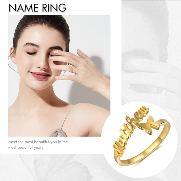 Personalized Butterfly Name Ring with pure Rhodium plated process