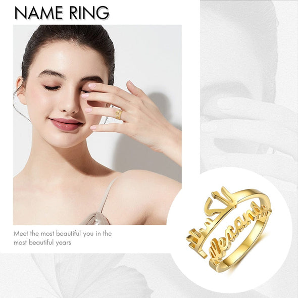 Personalized Bypass Double Names Ring with 14K Gold plating