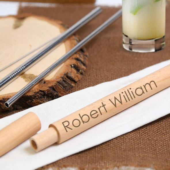 Reusable Stainless Steel Set of Drinking Straws w/ Personalized Wooden Case.