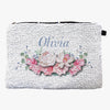 Personalized Floral Sequin Zippered Makeup Pouch Bag.