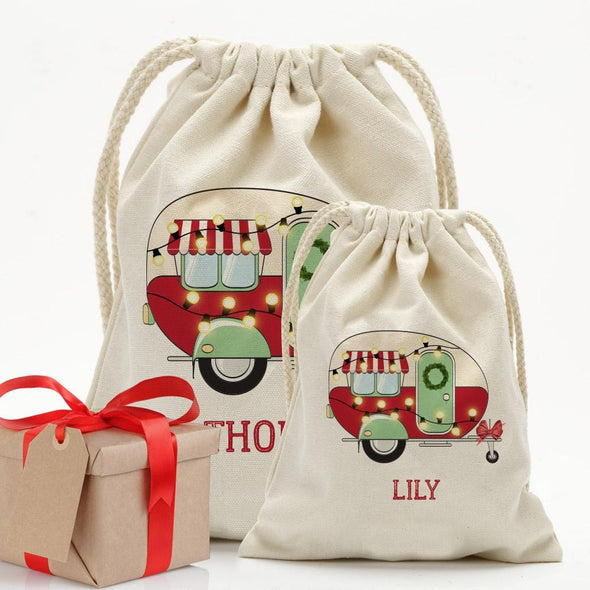 Happy Camper Christmas Custom Drawstring Sack for Kids | Personalized Santa Bag.
