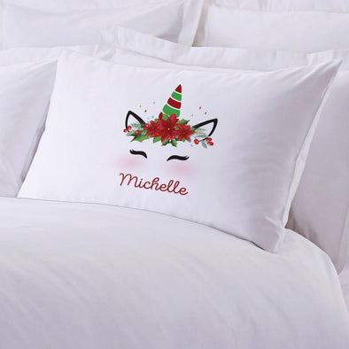 Poinsettia Unicorn Personalized Kids Sleeping Pillowcase.