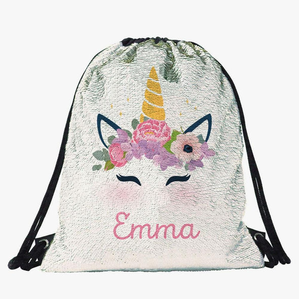 Unicorn Custom Kids Sequin Drawstring Bag | Personalized Backpacks.