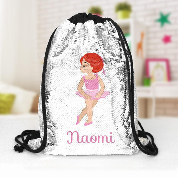 Ballerina Custom Kids Sequin Drawstring Bag | Personalized Backpacks.