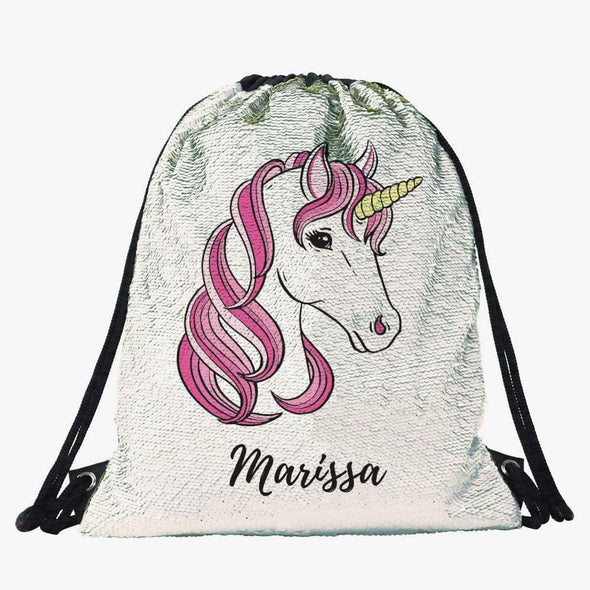 Pink Unicorn Custom Kids Flip Sequin Drawstring Backpack.