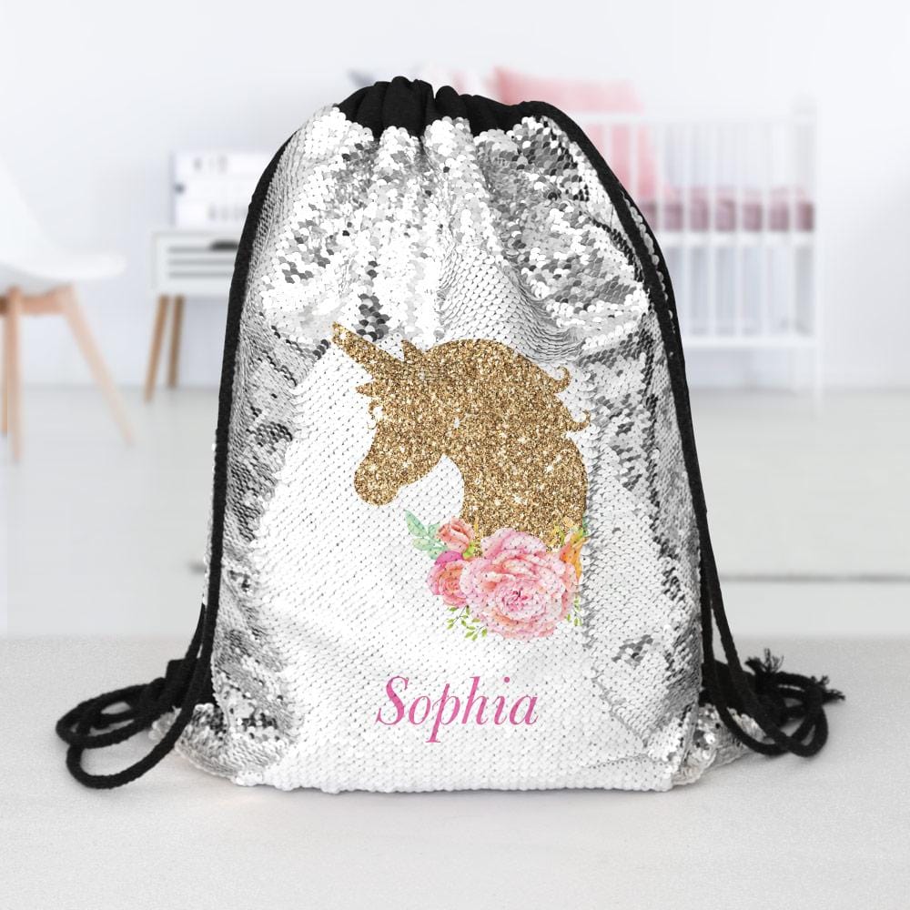 Personalised unicorn sequin drawstring on sale bag