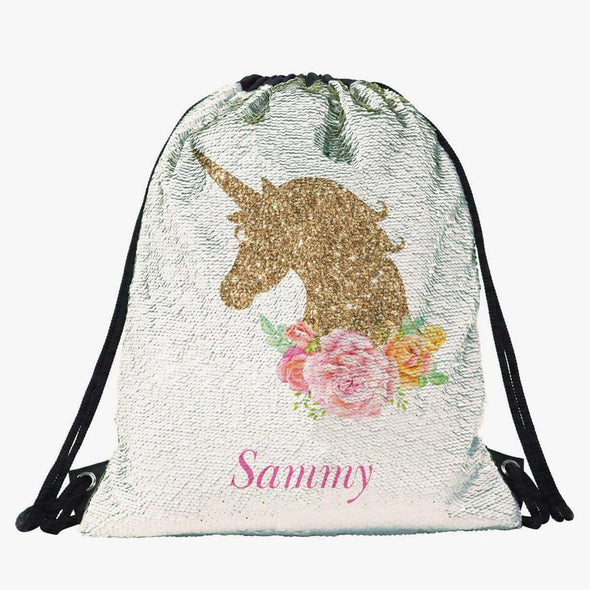 Gold Unicorn Personalized Kids Flip Sequin Drawstring Bag | Custom Backpacks.