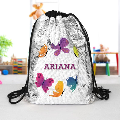Butterflies Custom Kids Flip Sequin Drawstring Bag | Personalized Backpacks.