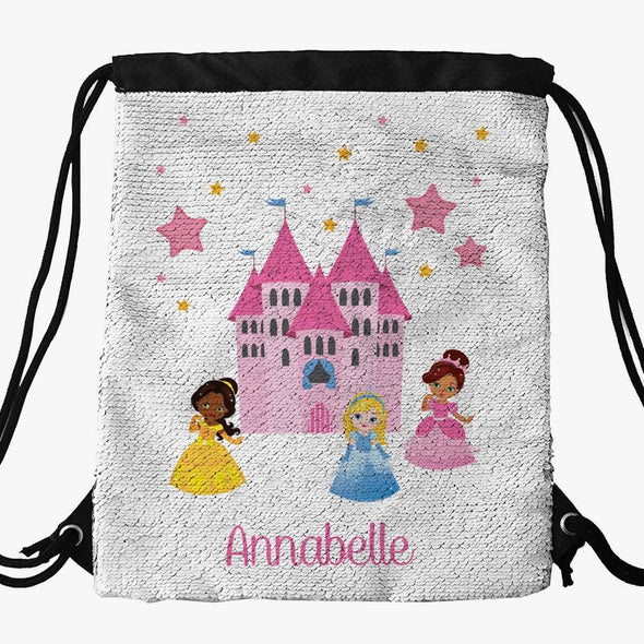 Princess Castle Custom Kids Flip Sequin Drawstring Backpack.