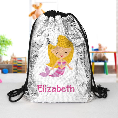 Mermaid Custom Kids Flip Sequin Drawstring Bag | Personalized Backpacks.