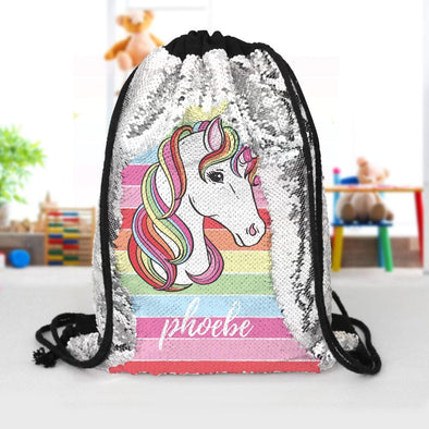 Rainbow Unicorn Custom Kids Flip Sequin Drawstring Bag | Personalized Backpacks.