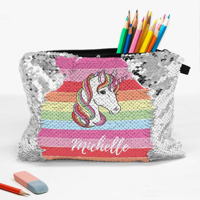 Rainbow Unicorn Custom Sequin Kids Accessories Bag | School Pencil Pouch.