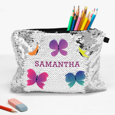 Butterflies Custom Sequin Kids Accessories Bag | School Pencil Pouch.