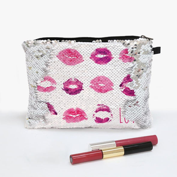 Lip Prints Custom Kisses Flip Sequin Makeup Bag.
