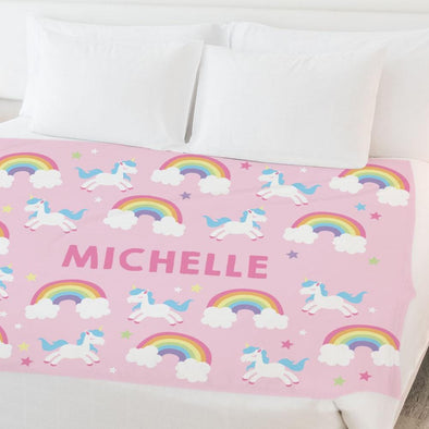 Rainbow Unicorn Name Personalized Kids Blanket.