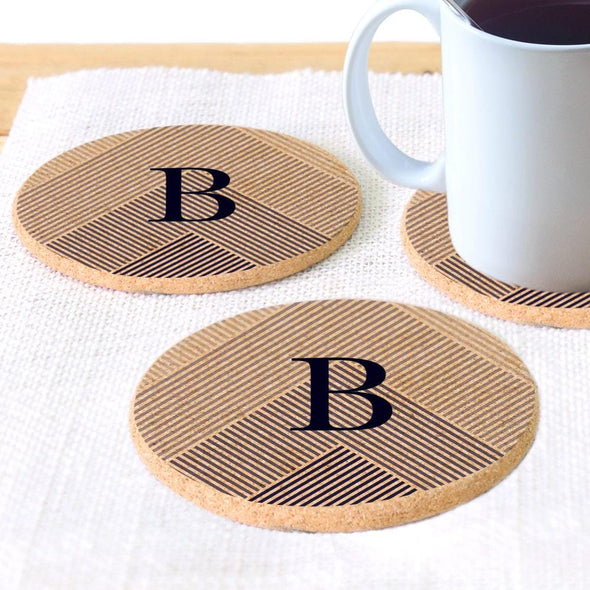 Custom Initial Lined Round Cork Coasters - Set of 2 or 4.