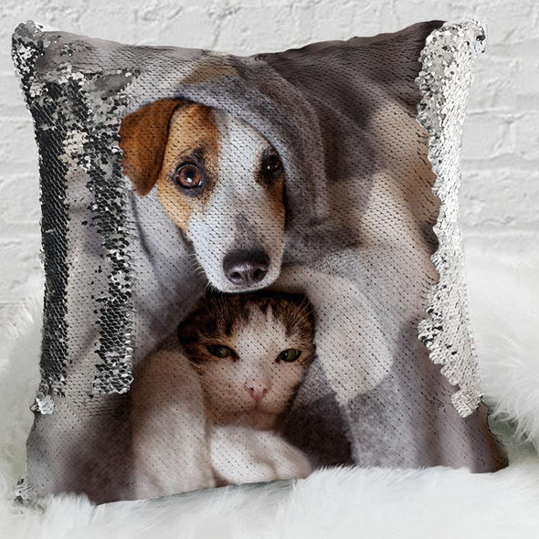 Pet Photo Personalized Sequin Pillow Case | Custom Mermaid Pillow Throw.