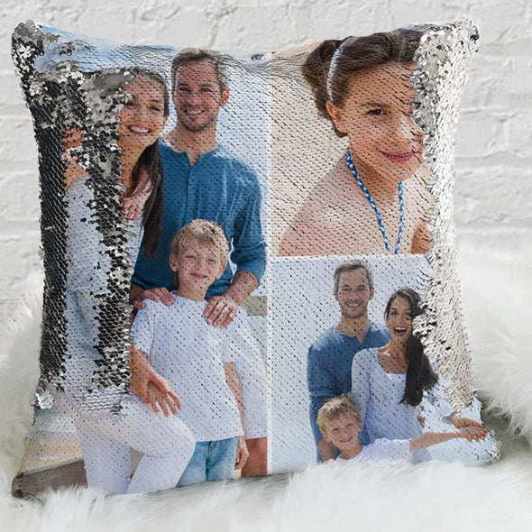 Personalized Sequin Pillow Case with Your Photo Collage | Custom Magic Reversible Mermaid Sequin Throw.
