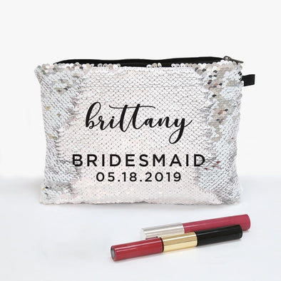 Bridesmaid Personalized Flip Sequin Makeup Pouch Bag.
