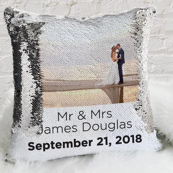 Mr & Mrs Personalized Wedding Sequin Pillow Case of Your Photo | Custom Magic Reversible Mermaid Sequin Throw.