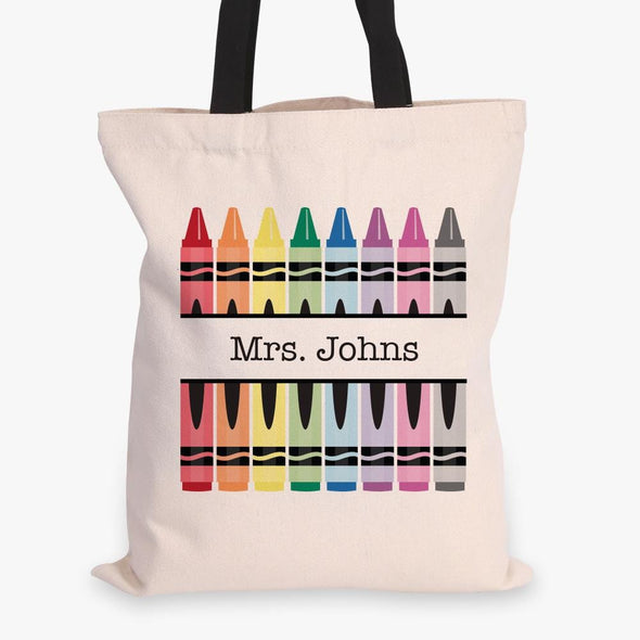 Crayons Personalized Teacher Black Handle Tote Bag  | Custom Teacher Gift.